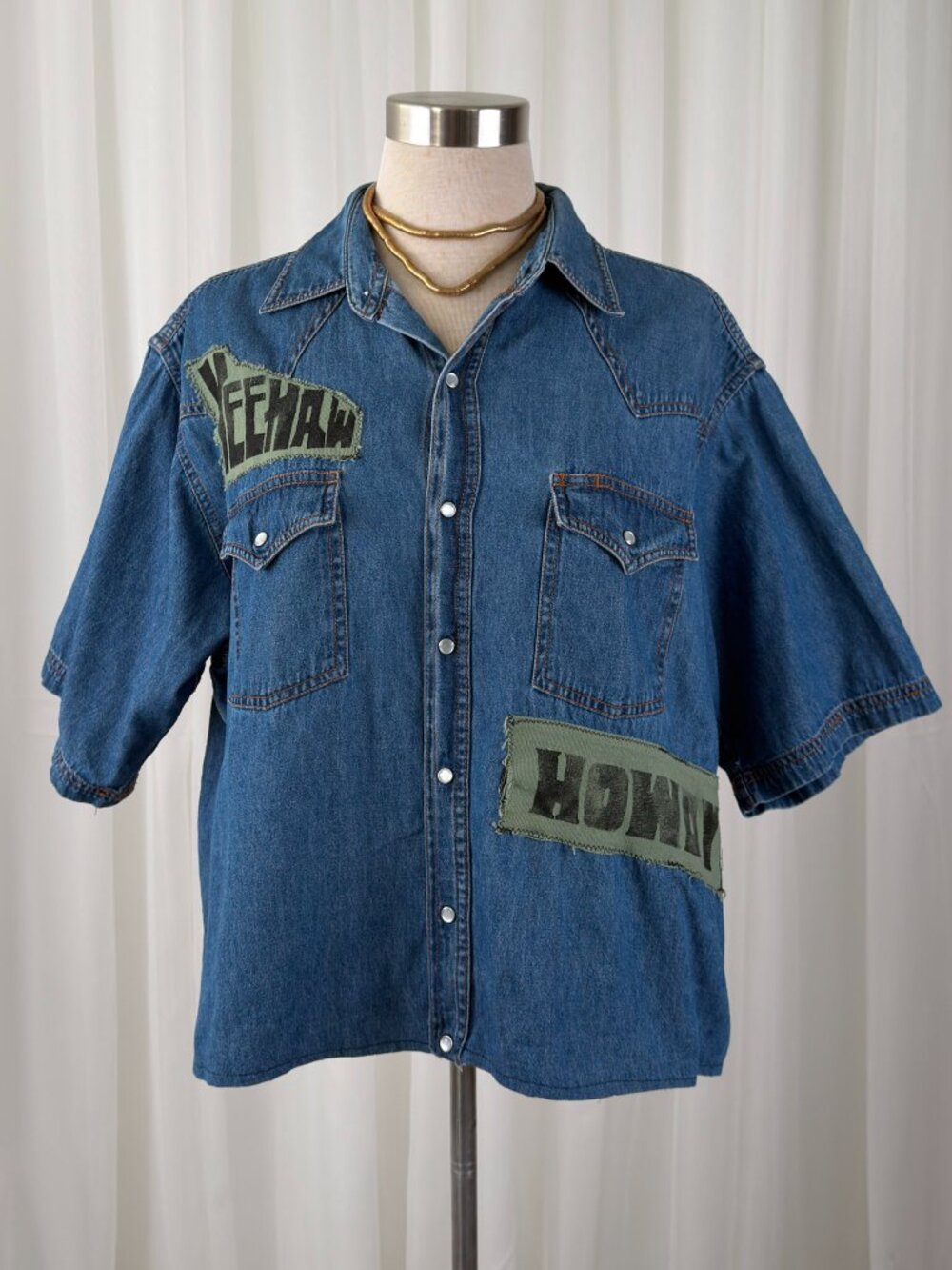 Western Denim Snap Shirt Cat Patch Upcycled Cowgirl Oversized Blue Womens L Tall